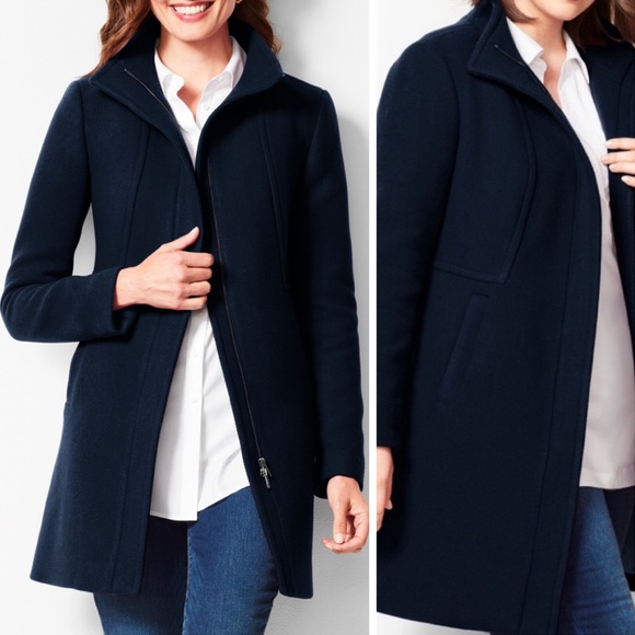 PLUS Talbots NWT Italian Wool Woven Luxurious Navy Zip Front Lined Coat Size 18 - Picture 1 of 8